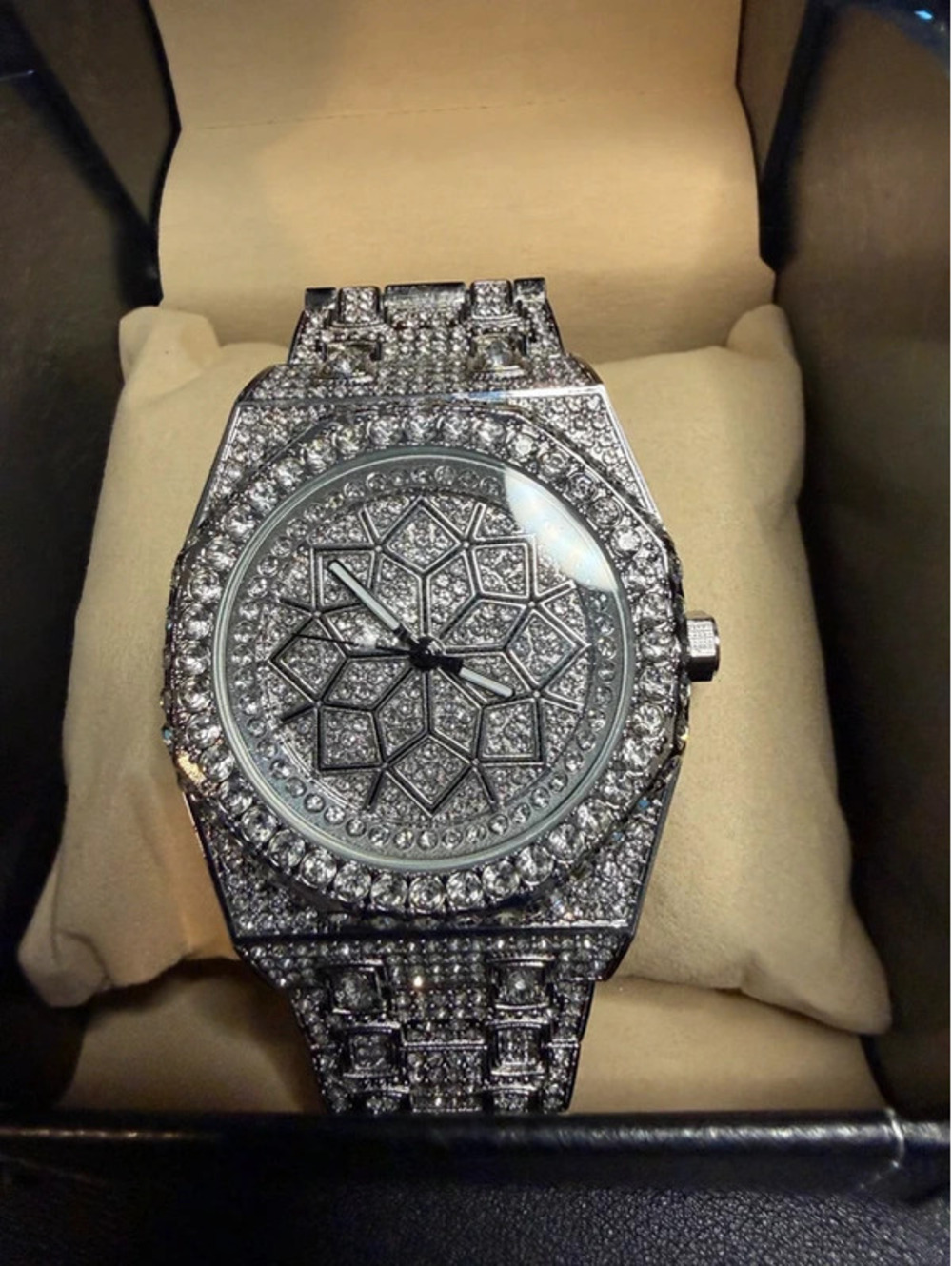 #601  42mm Iced Out Bling Chandelier Watch – Silver Tone Geometric Dial